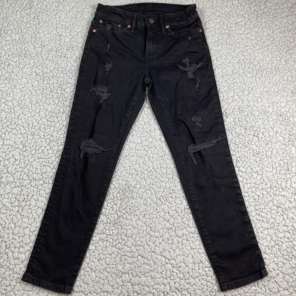American Eagle Athletic Skinny Jeans 26x28 Black Airflex Distressed Denim